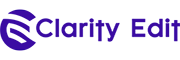 Abstract purple "CE" logo formed by curved lines, on a transparent background (Clarity Edit).