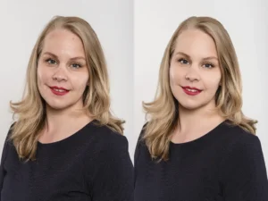 Before and after comparison of a portrait, showing refined skin and enhanced features.