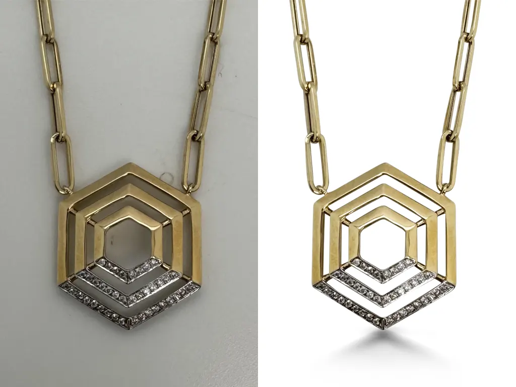 Seamless Background Removal by Clarity Edit Before and after of a gold necklace with background removed by Clarity Edit