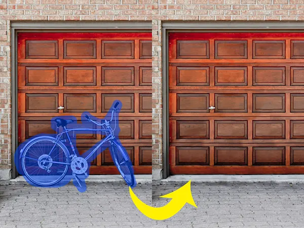 Before-and-after object removal, showing a bicycle removed from a garage door.