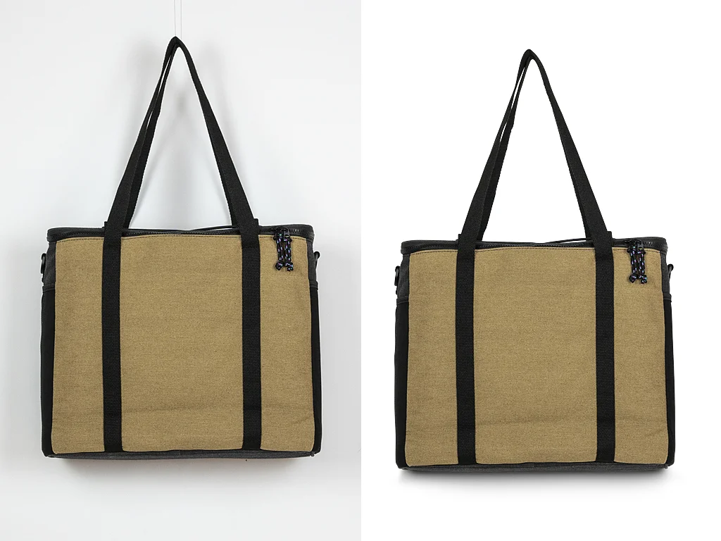Before and after of a tote bag with professional e-commerce image editing services by Clarity Edit