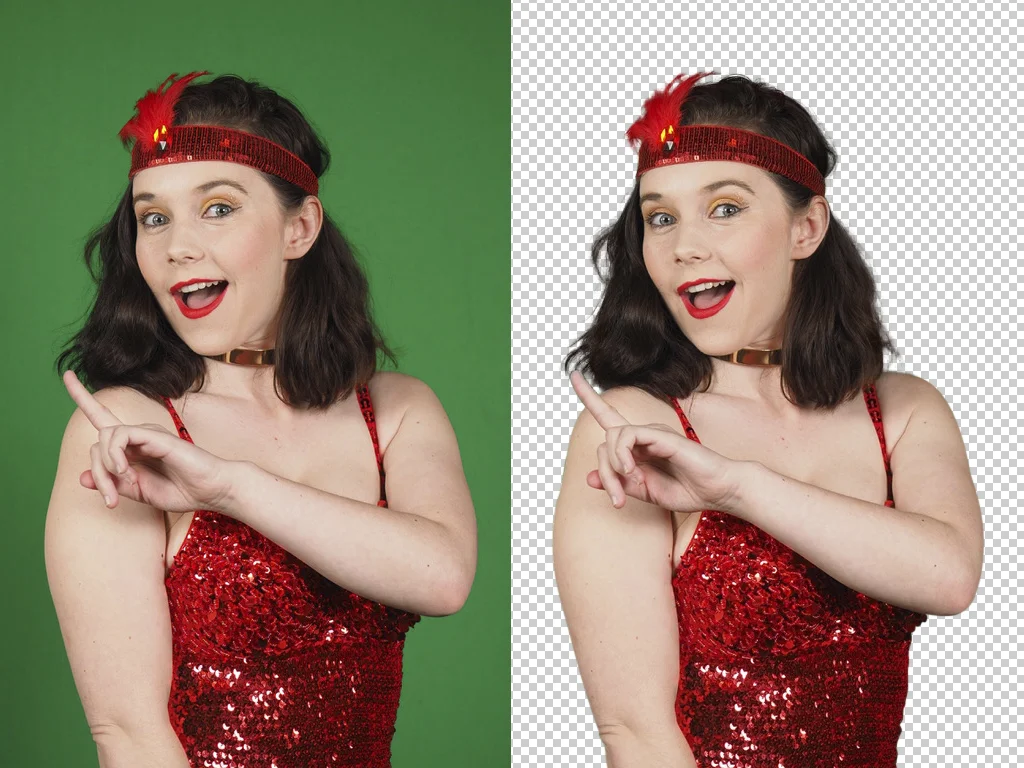 Before and after of a woman in red dress with green background removed by Clarity Edit