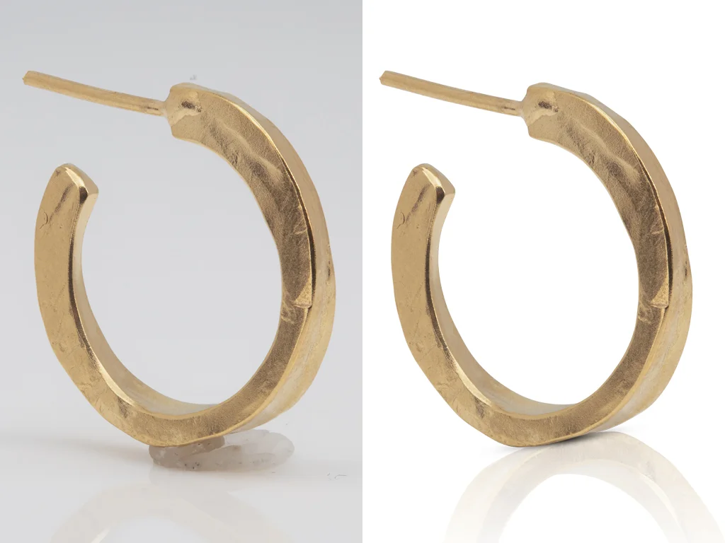 Before and after of a product image with added shadow and reflection effects by Clarity Edit